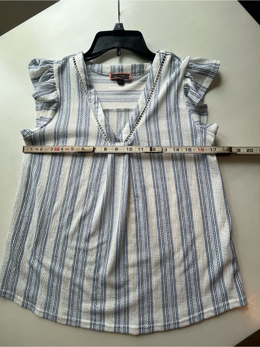 50th Street Sleeveless V-Neck Striped Flutter Top - Blue/White Size: Petite Sml - Picture 4 of 9
